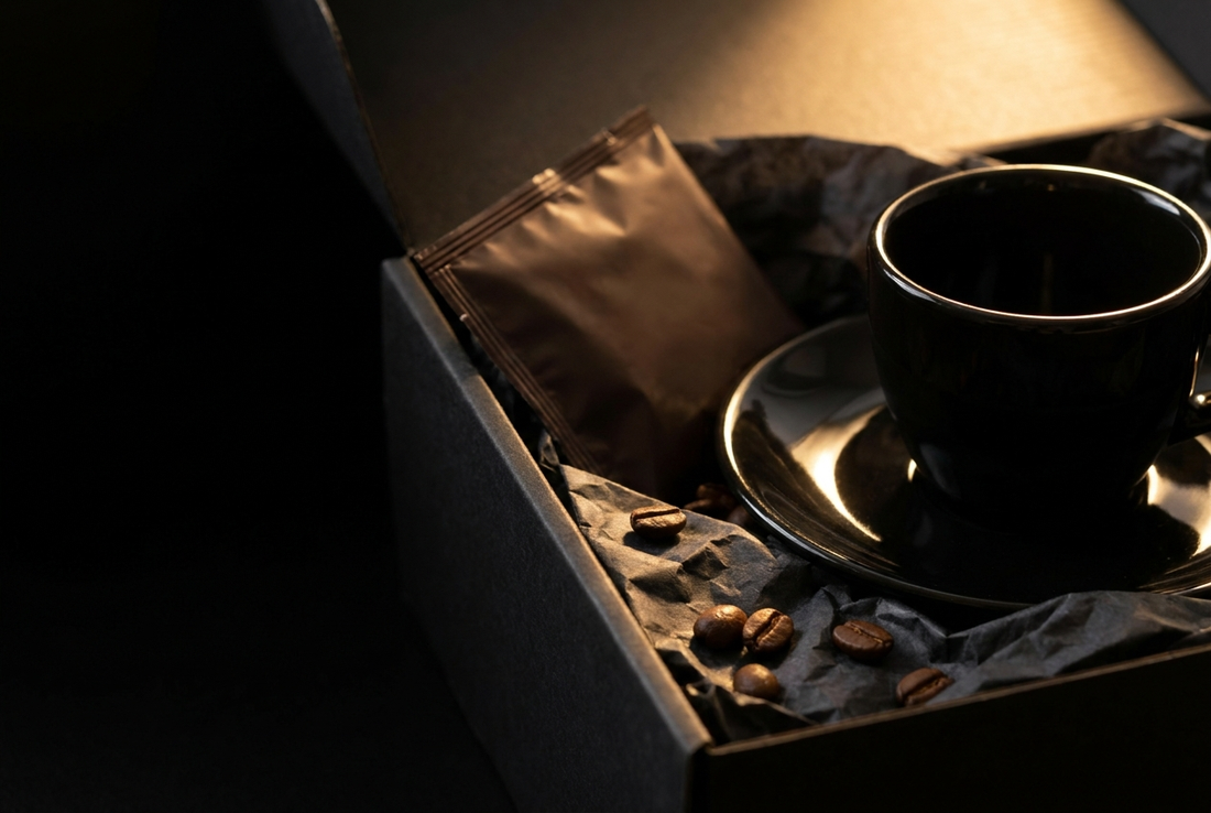 Close view of a black porcelain espresso cup and saucer in charcoal tissue inside an open black gift box, beside a sealed dark coffee pack and a few roasted beans, lit by one warm raking light.