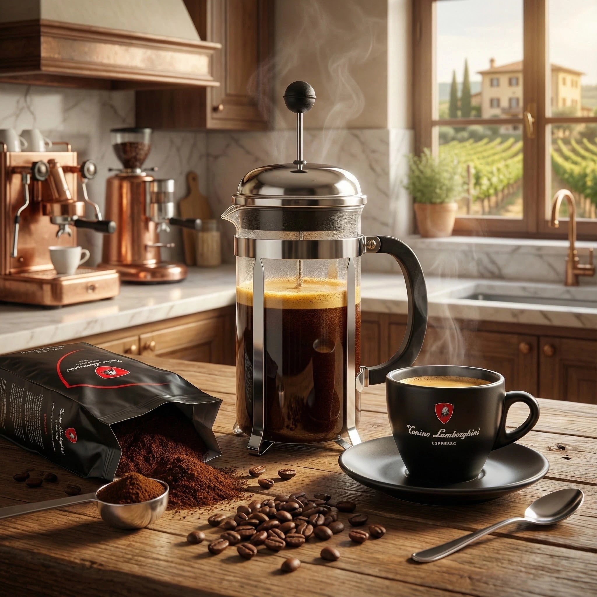 french press with italian espresso