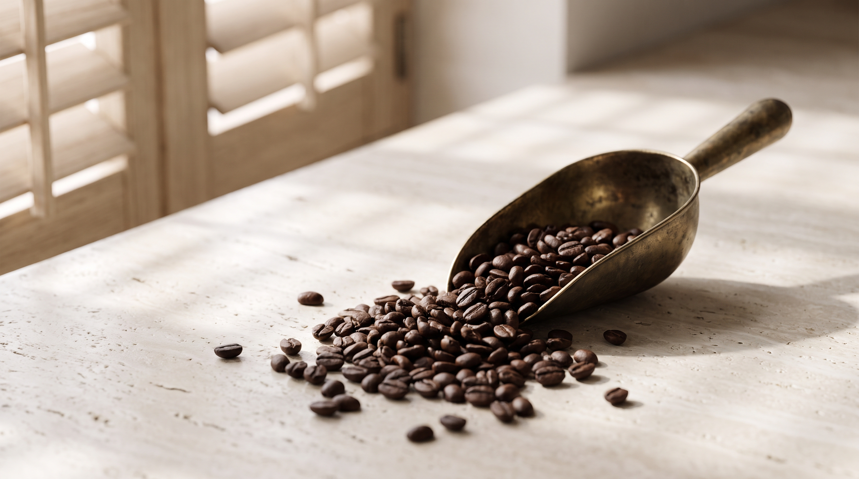 Italian espresso beans spilling from a brass scoop onto travertine in morning light