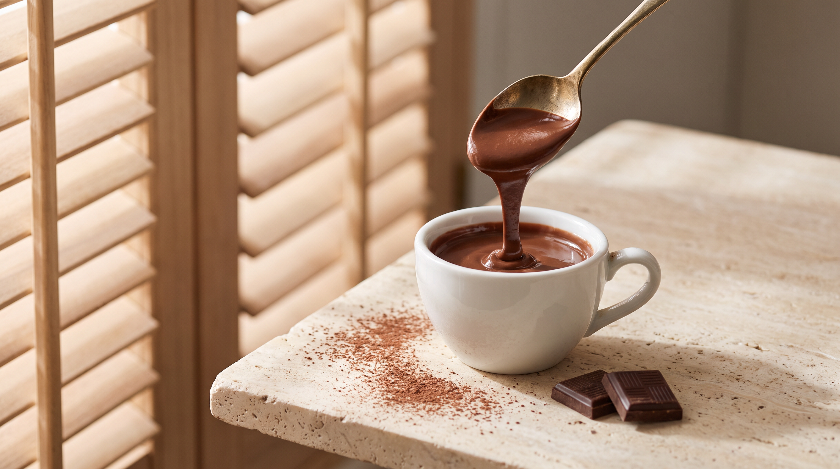 Thick Italian drinking chocolate poured into a white porcelain cup on travertine