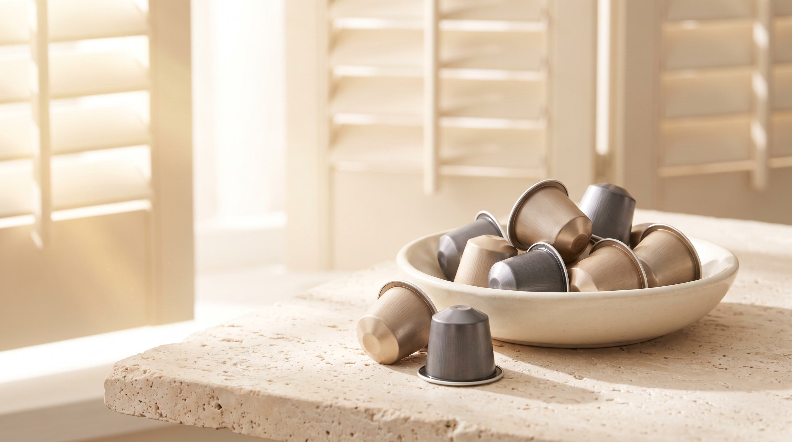 Espresso capsules in a ceramic dish on travertine in morning light