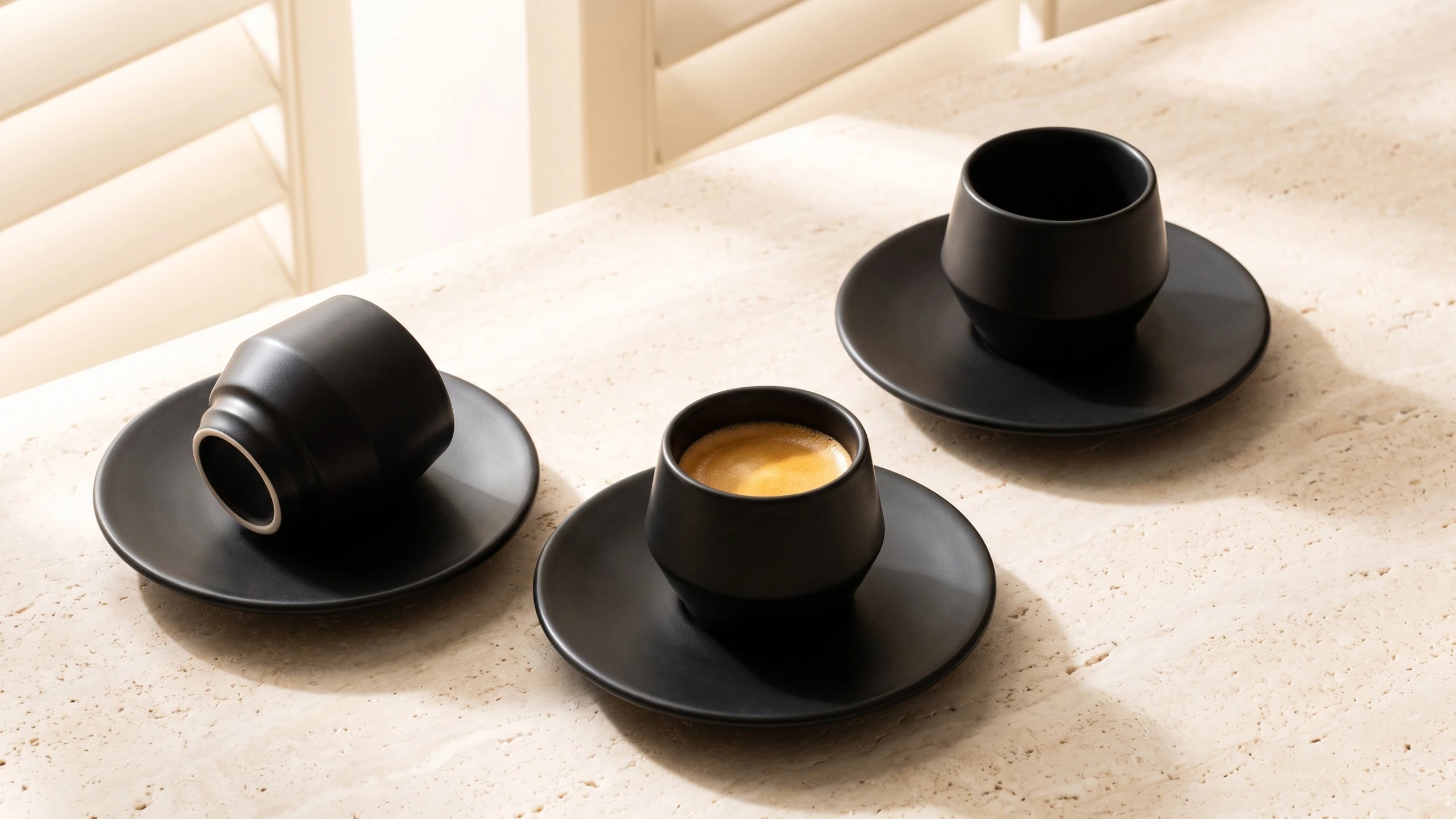 Three matte black ceramic espresso cups with matching saucers arranged on a light beige stone surface. One cup is tipped on its side, one is upright and empty, and one holds espresso.